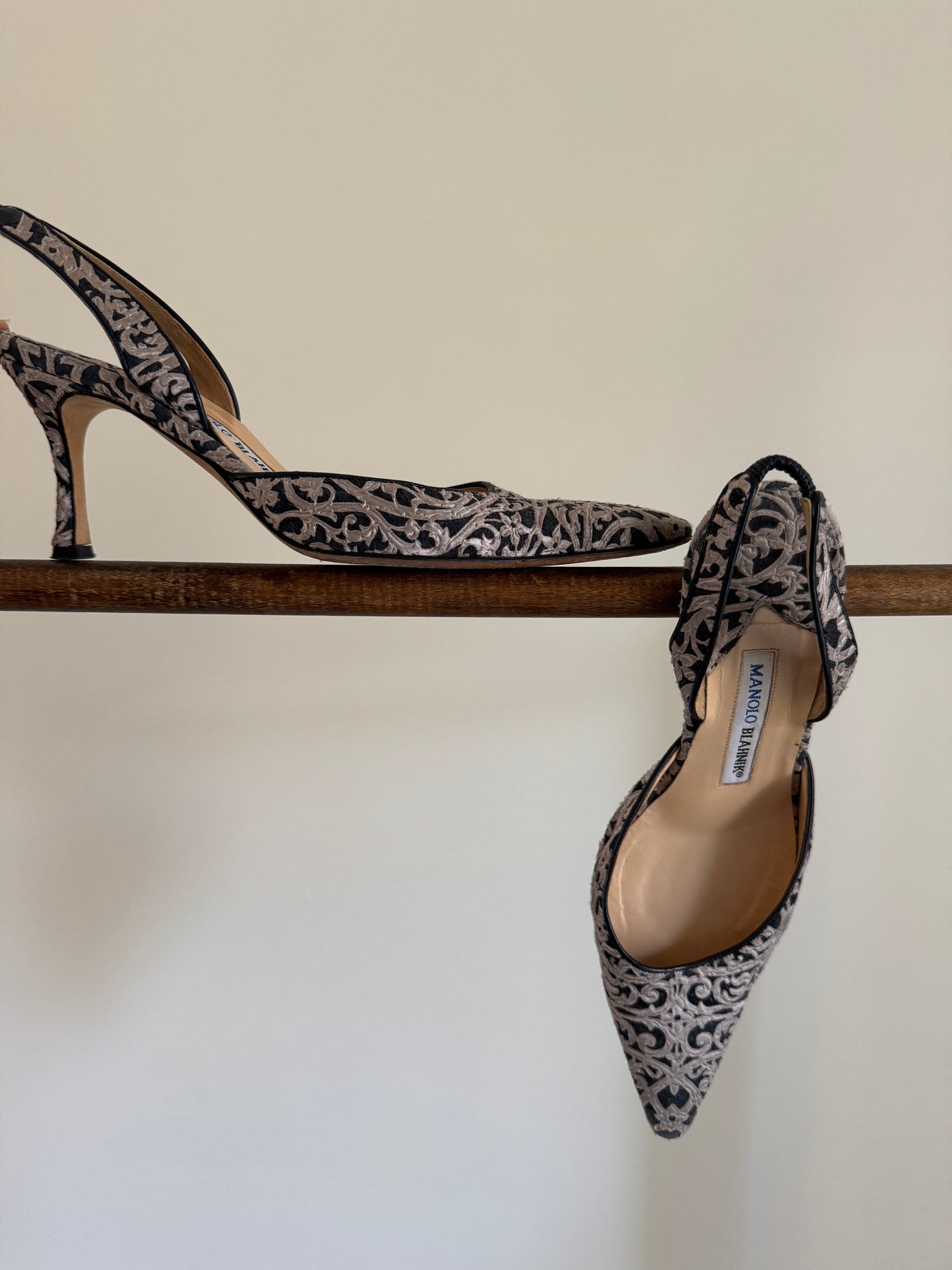 Reclaimed Manolo Blahnik Pointed Toe Slingback Heels in Tapestry