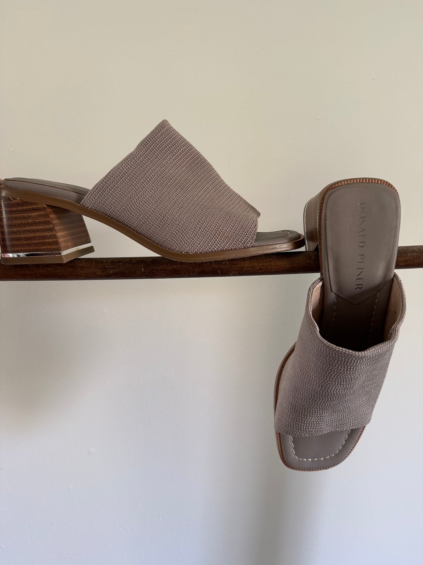 Reclaimed Donald J. Pliner Stretch Knit Mule Heeled Sandals in Taupe