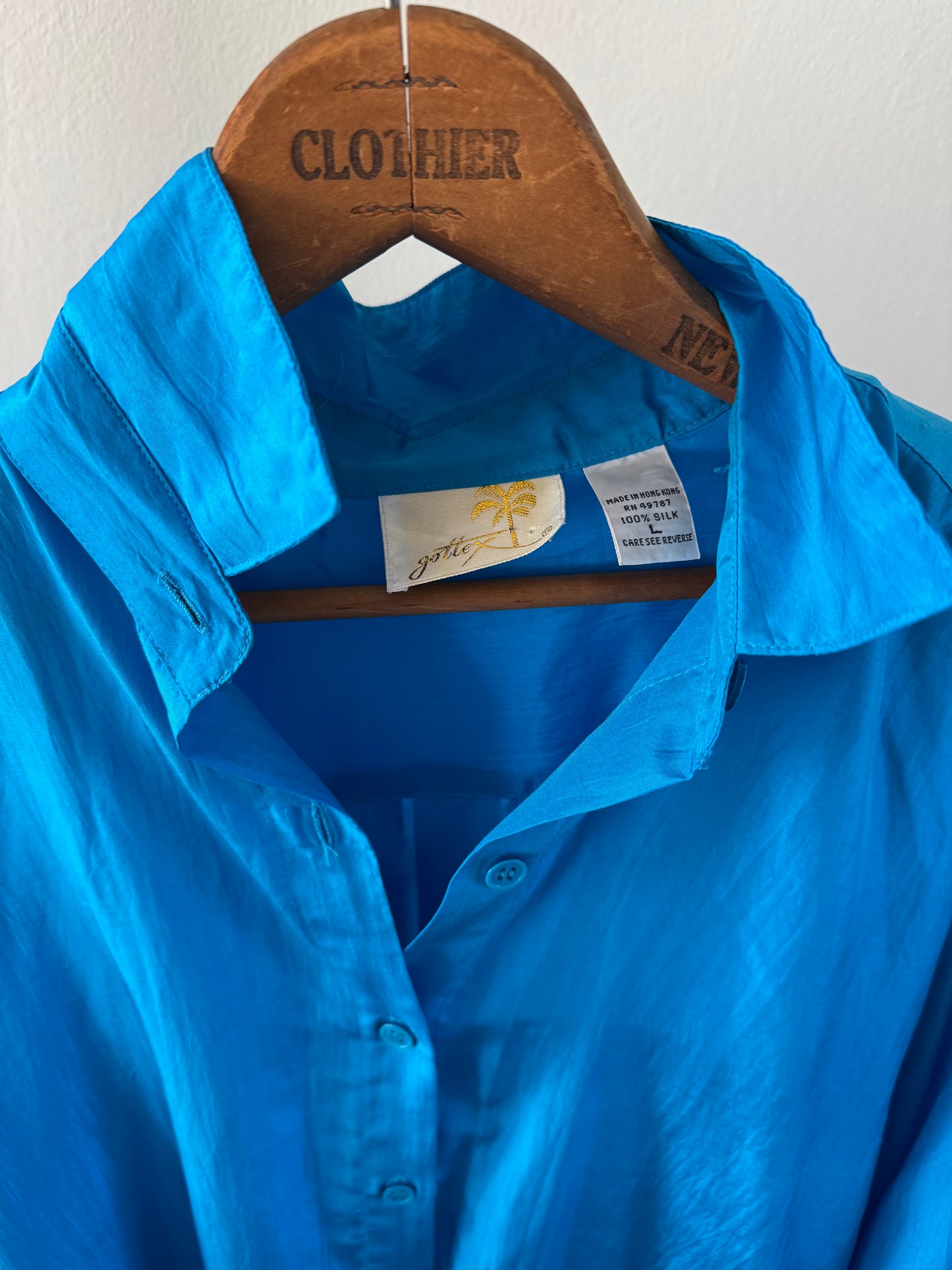 Vintage Gottex Silk Pleated Back Button Down Shirt in Electric Blue