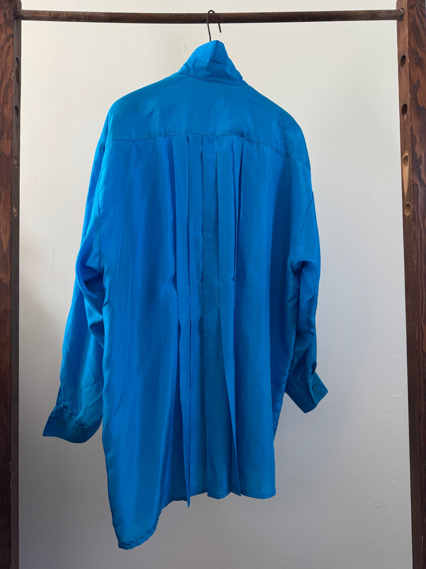 Vintage Gottex Silk Pleated Back Button Down Shirt in Electric Blue