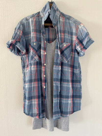 Cockpit Short Sleeve Plaid Button Down in Blue