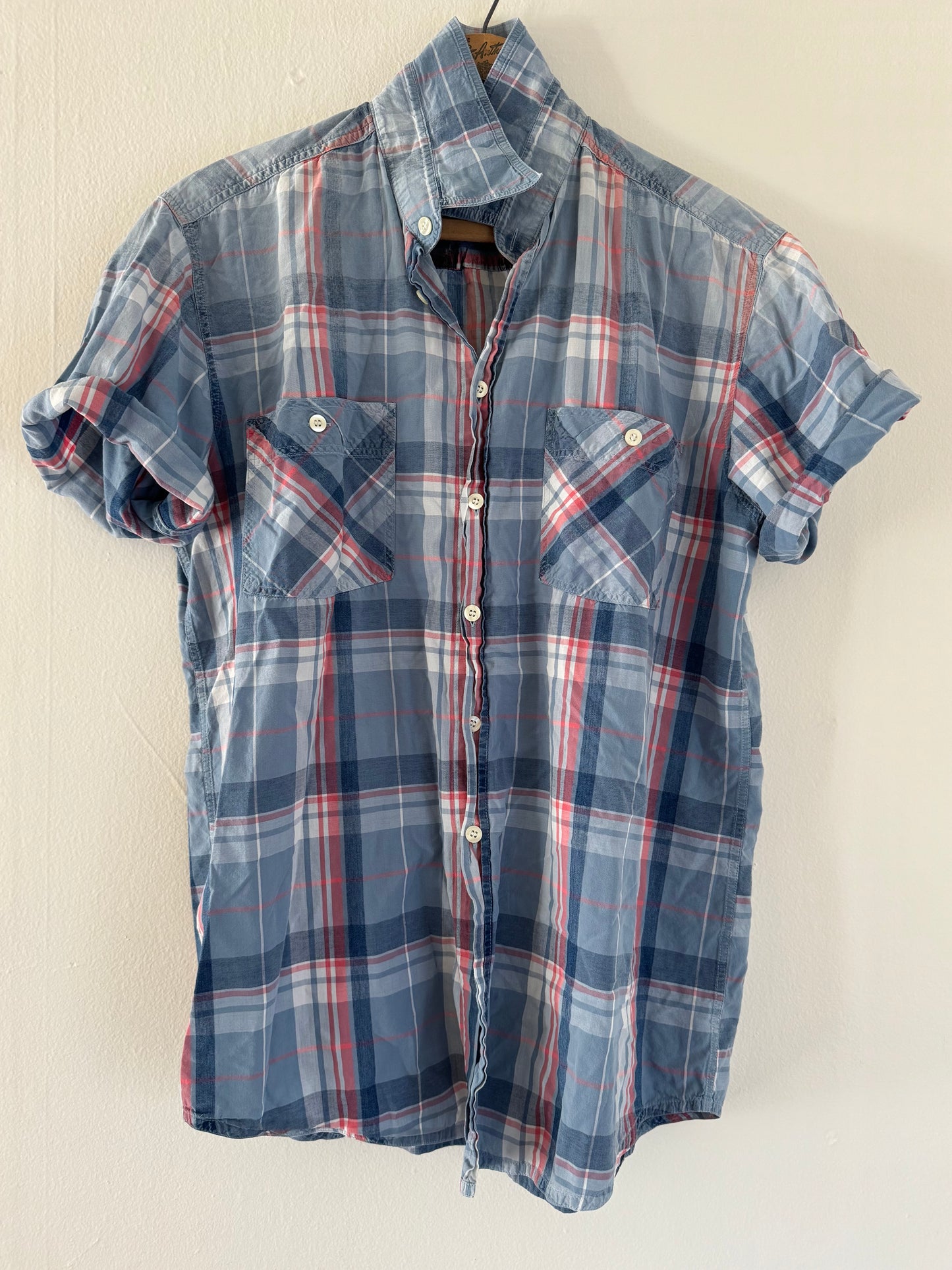 Cockpit Short Sleeve Plaid Button Down in Blue