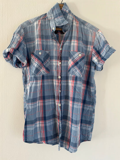 Cockpit Short Sleeve Plaid Button Down in Blue