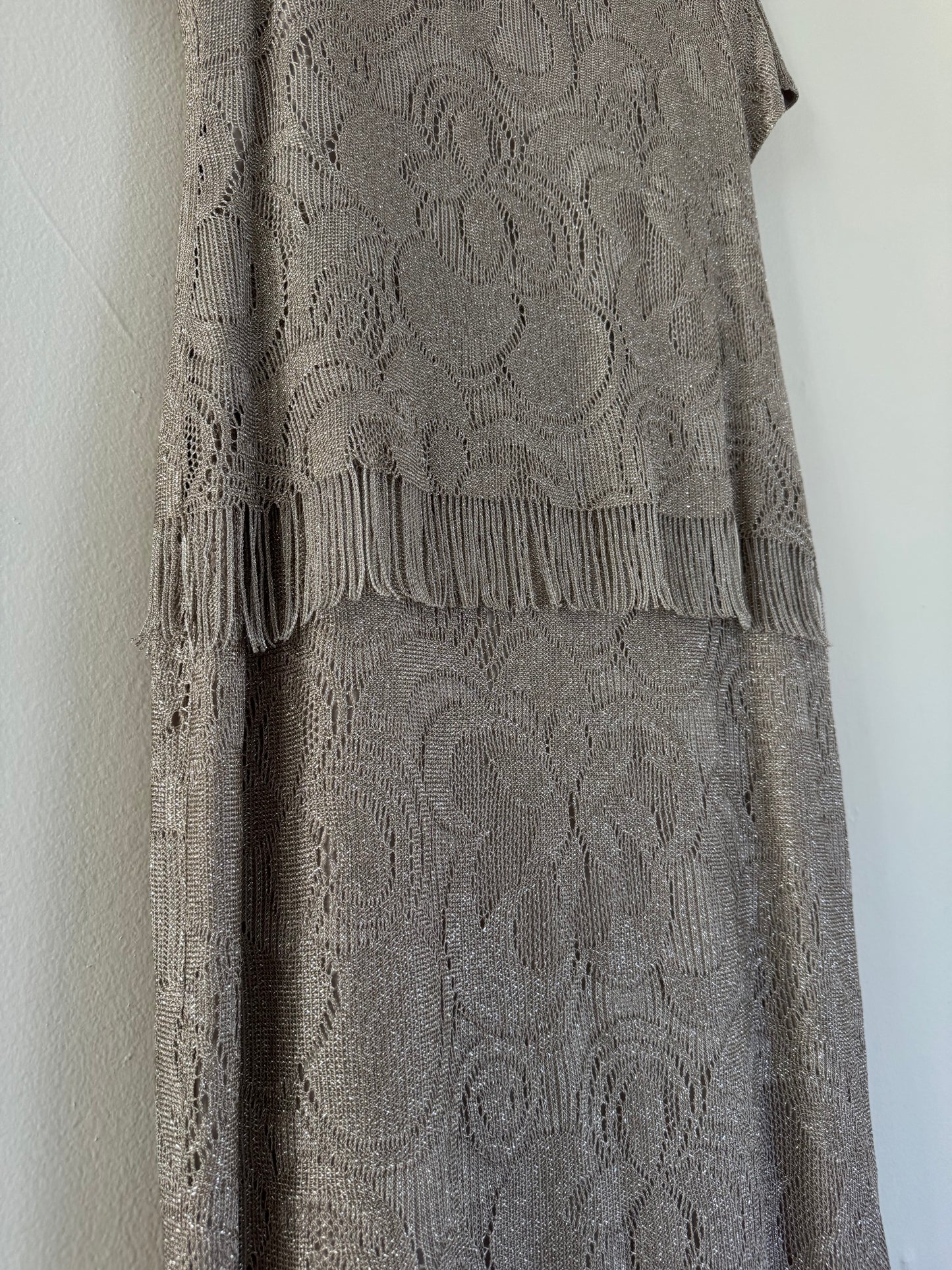 S.L. Fashions Lace Fringe Dress in Silver