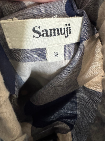 Reclaimed Samuji Cotton Plaid Pant in Navy/Tan