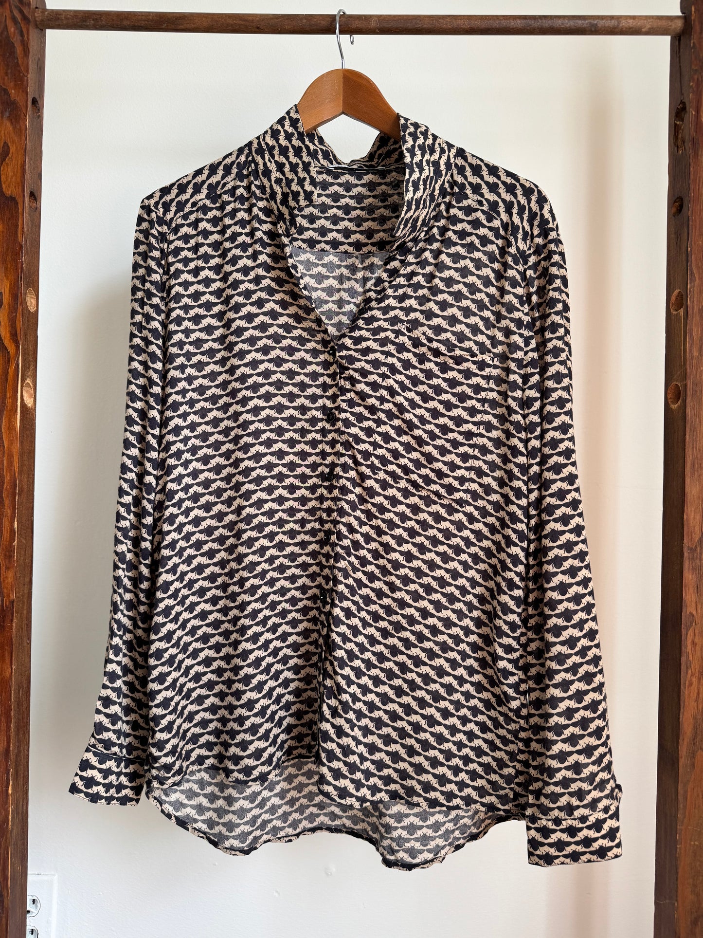 Reclaimed Rodebjer Bee Print Button Down Shirt in Black/Tan