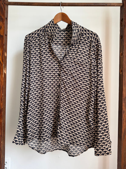 Reclaimed Rodebjer Bee Print Button Down Shirt in Black/Tan