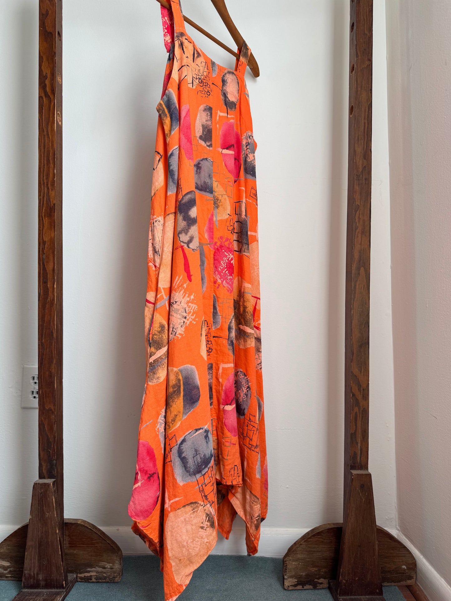 Reclaimed Made In Italy Linen Printed Dress in Orange