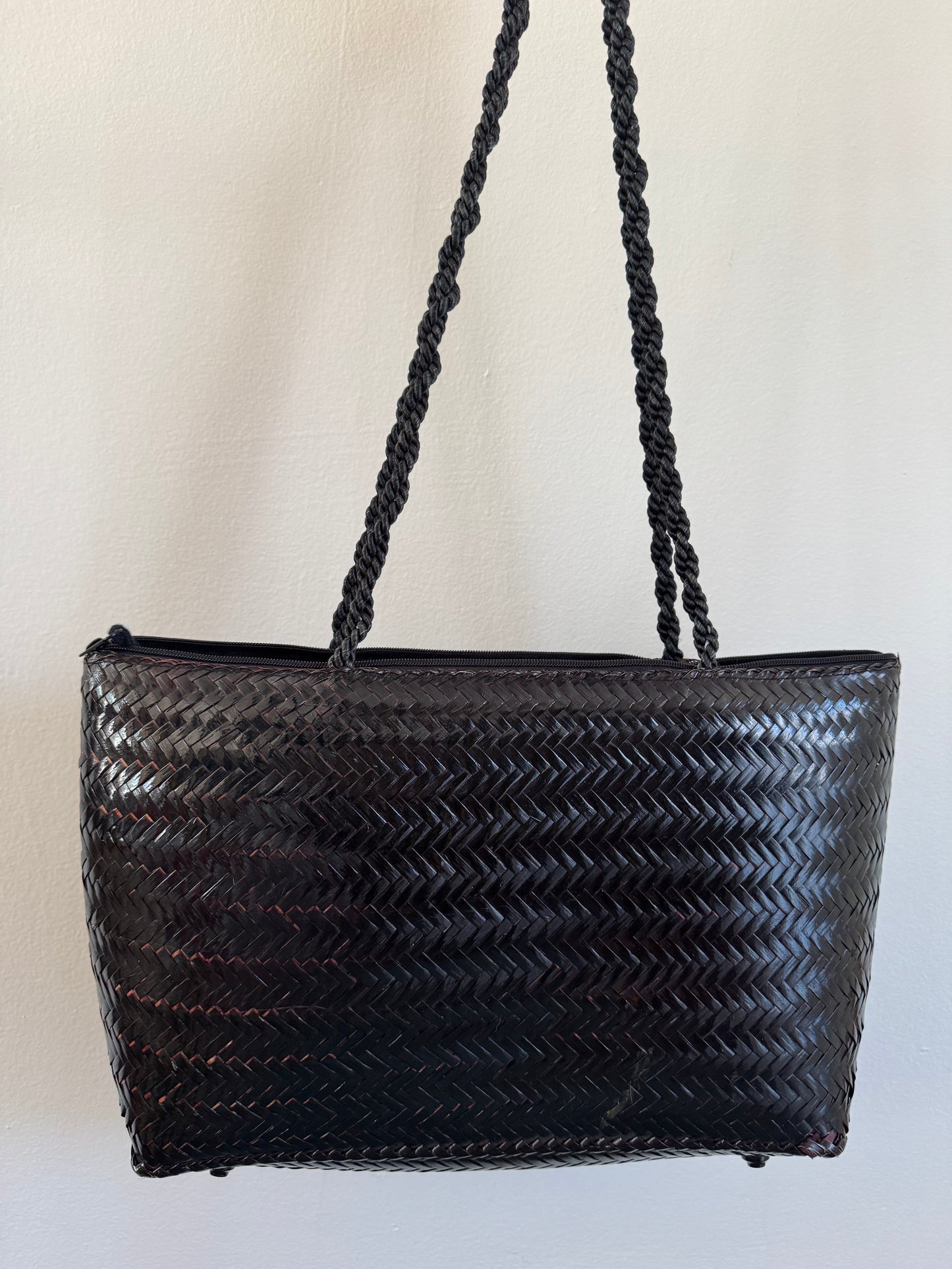 Vintage Straw Woven Tote in Dark Chocolate