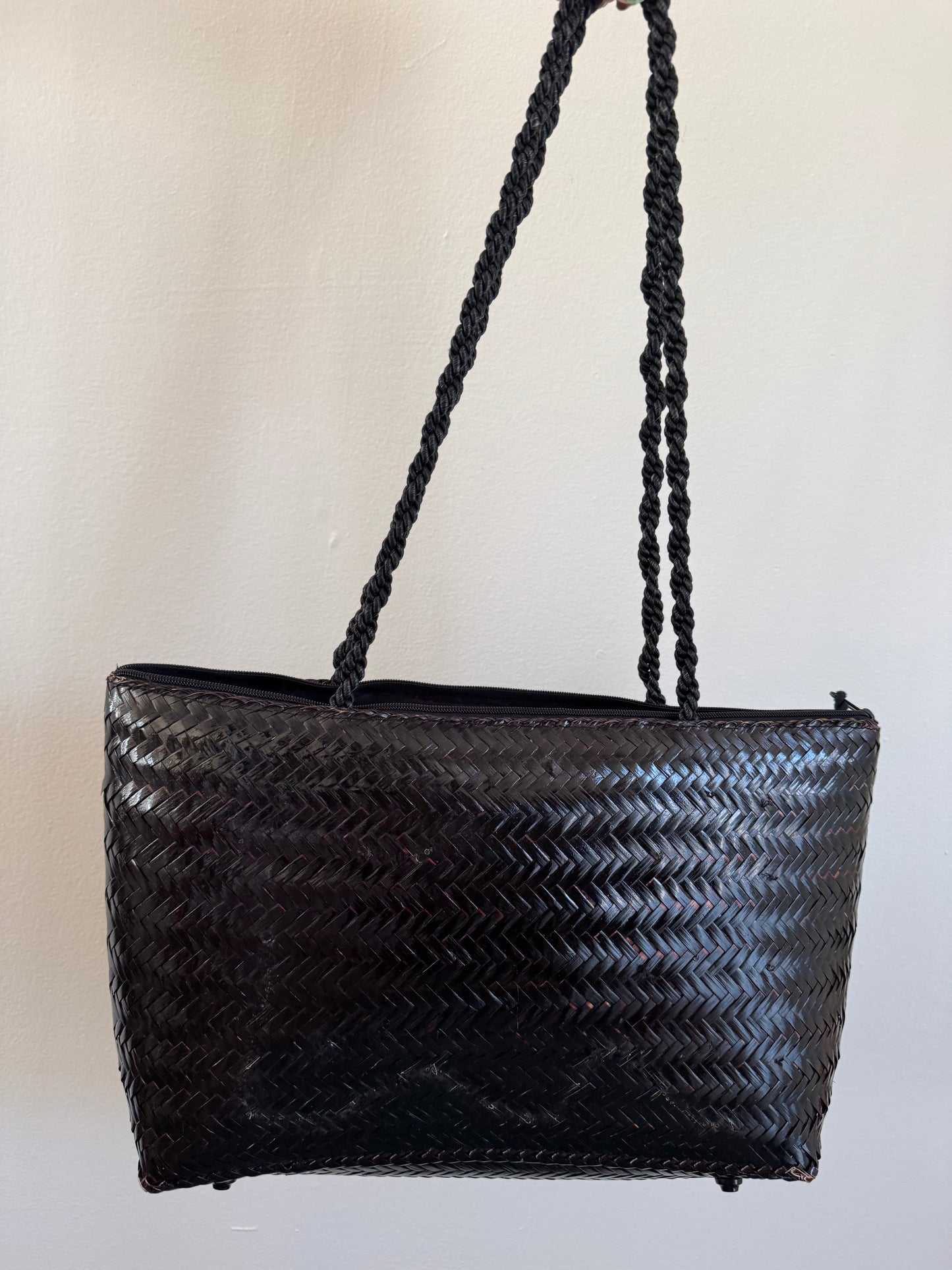Vintage Straw Woven Tote in Dark Chocolate