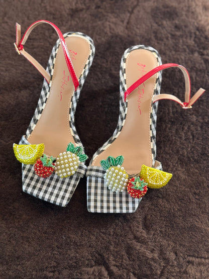 Betsey Johnson Beaded Fruit Kitten Heel Sandals in Black/White