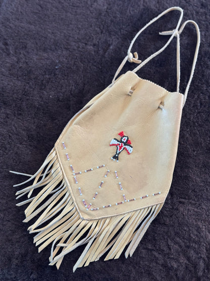 Vintage Leather Fringe Pouch with Beading in Tan