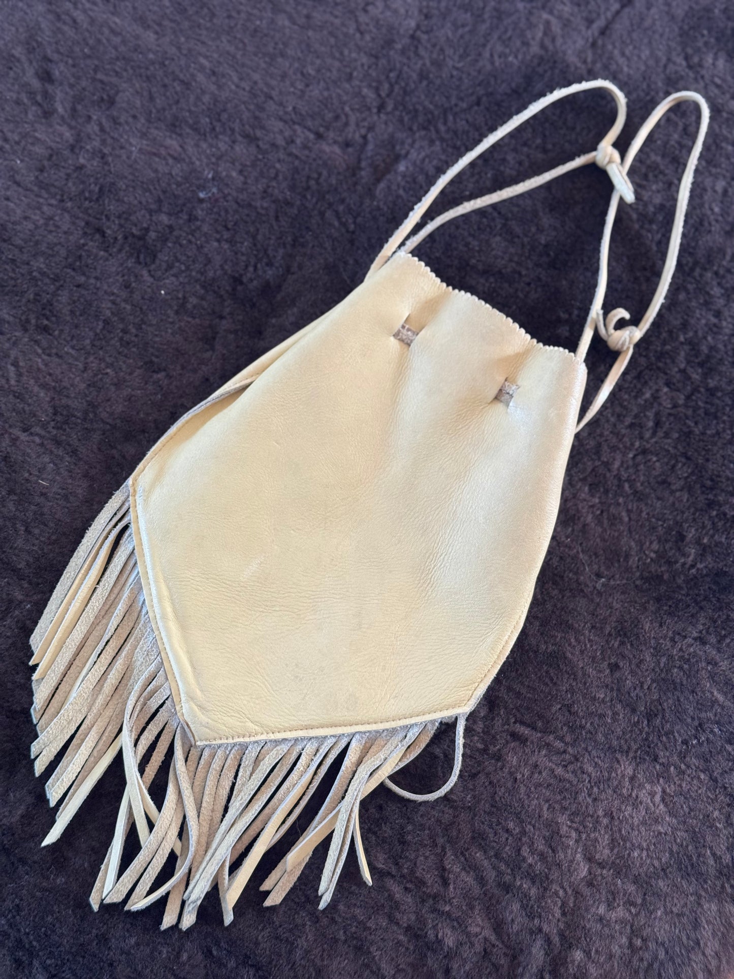 Vintage Leather Fringe Pouch with Beading in Tan