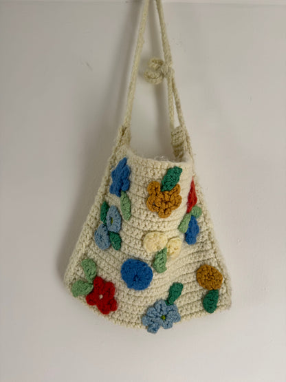 Handmade Crochet Bag With Flowers in Cream