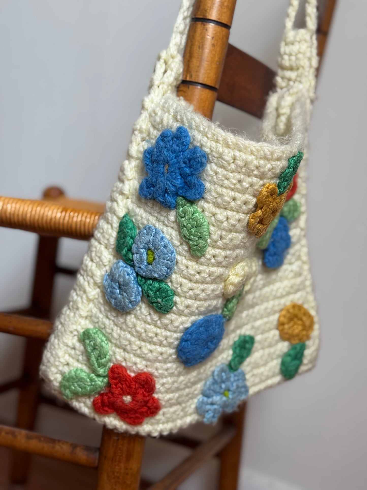 Handmade Crochet Bag With Flowers in Cream