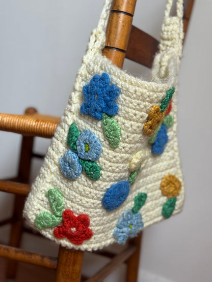 Handmade Crochet Bag With Flowers in Cream