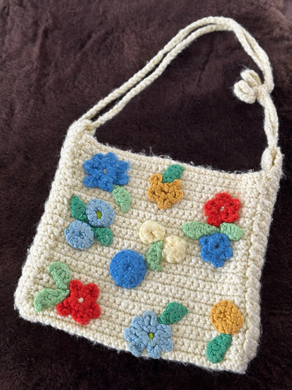 Handmade Crochet Bag With Flowers in Cream