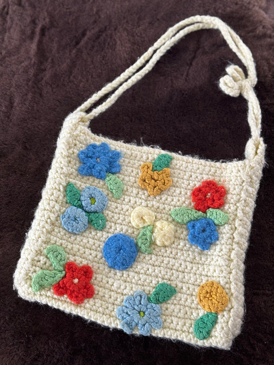 Handmade Crochet Bag With Flowers in Cream