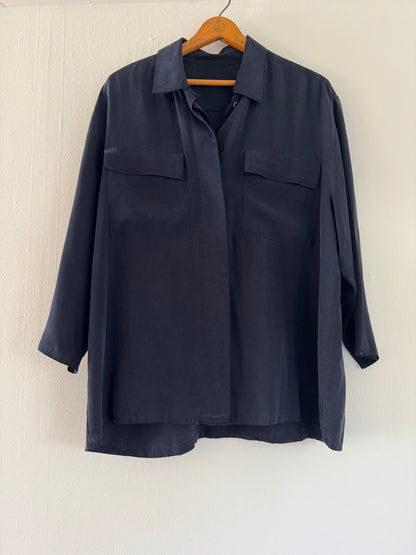 Silk 3/4 Sleeve Patch Pocket Button Down in Black