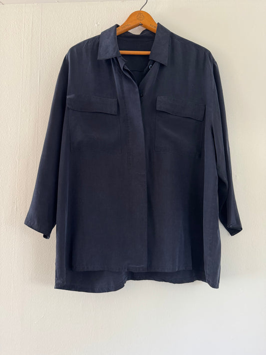 Silk 3/4 Sleeve Patch Pocket Button Down in Black