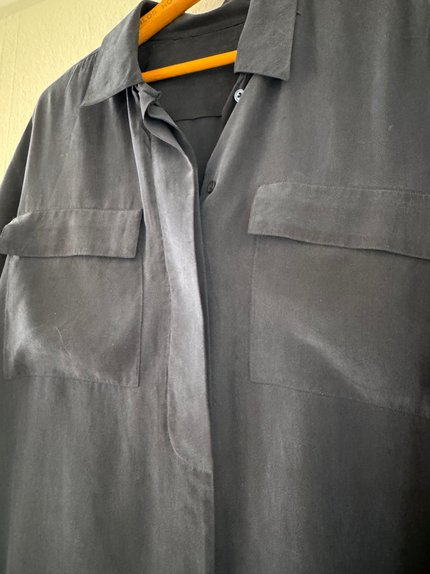 Silk 3/4 Sleeve Patch Pocket Button Down in Black