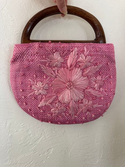 Vintage Woven Straw Bag in Pink