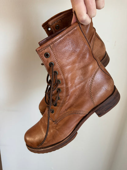 Frye Combat Boots in Cognac
