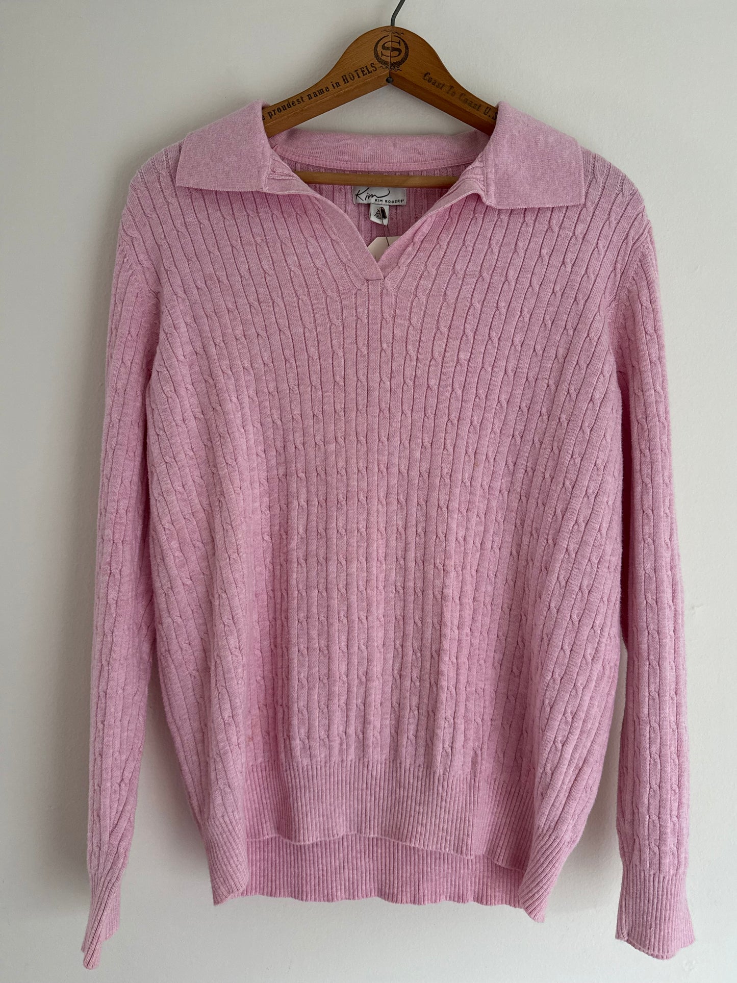 Reclaimed Kim Rogers Cotton Cable Knit Sweater with Collar in Pink