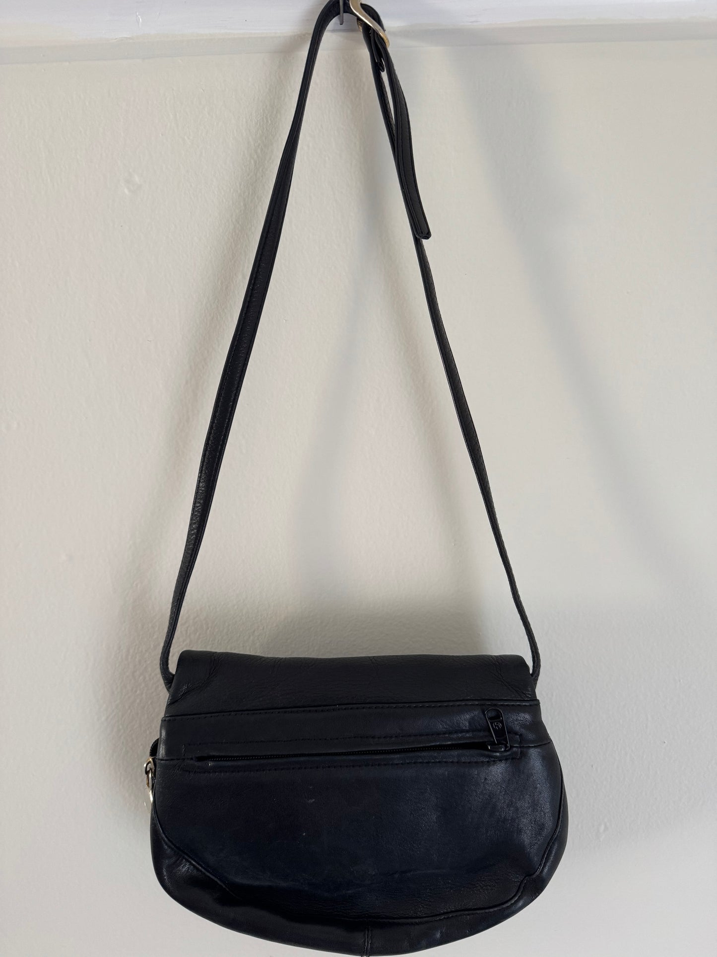 Pebbled Leather Fold Over Handbag in Black