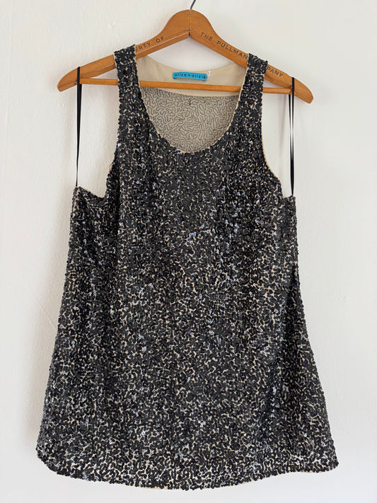 Alice & Olivia Sequin Silk Racerback Tank in Black