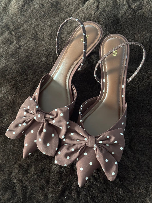 Zara Pointed Toe Sling Backs in Chocolate Polka Dots