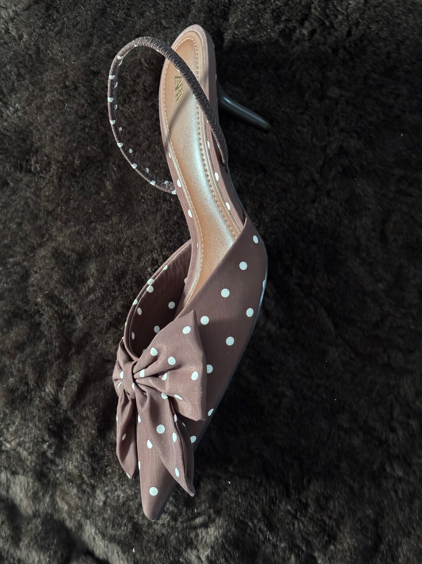 Zara Pointed Toe Sling Backs in Chocolate Polka Dots