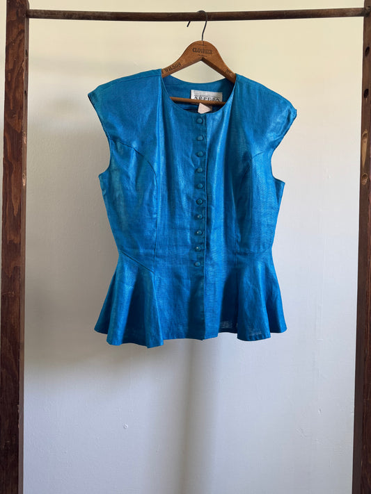 Vintage Arpeja Snap Front Peplum Top in Electric Blue