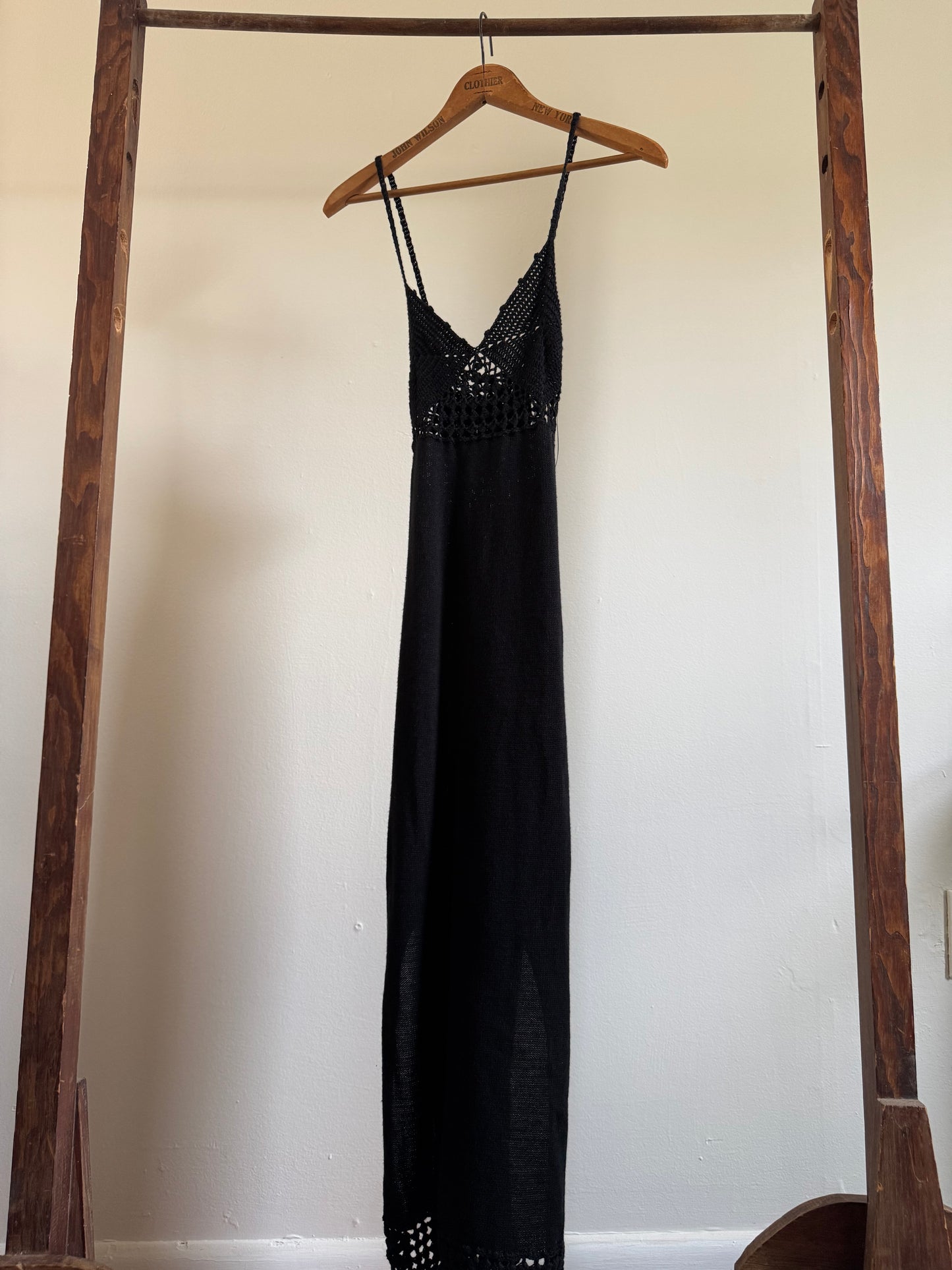 Reclaimed Cotton/Linen Crochet Midi Tank Dress in Black