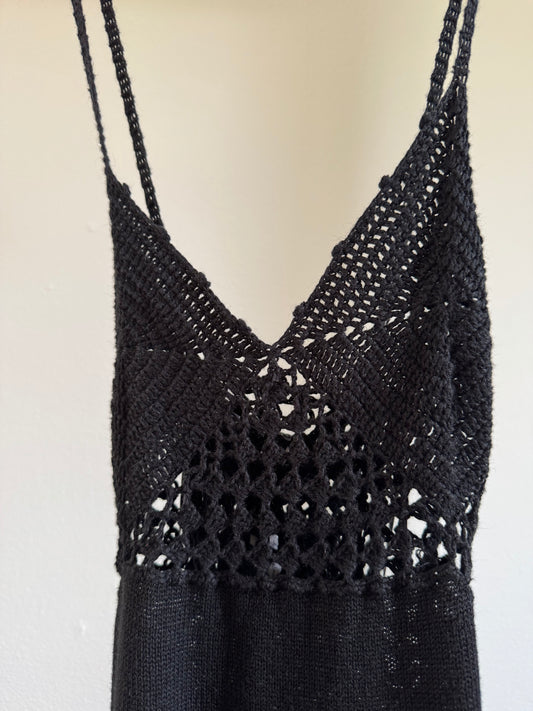 Reclaimed Cotton/Linen Crochet Midi Tank Dress in Black