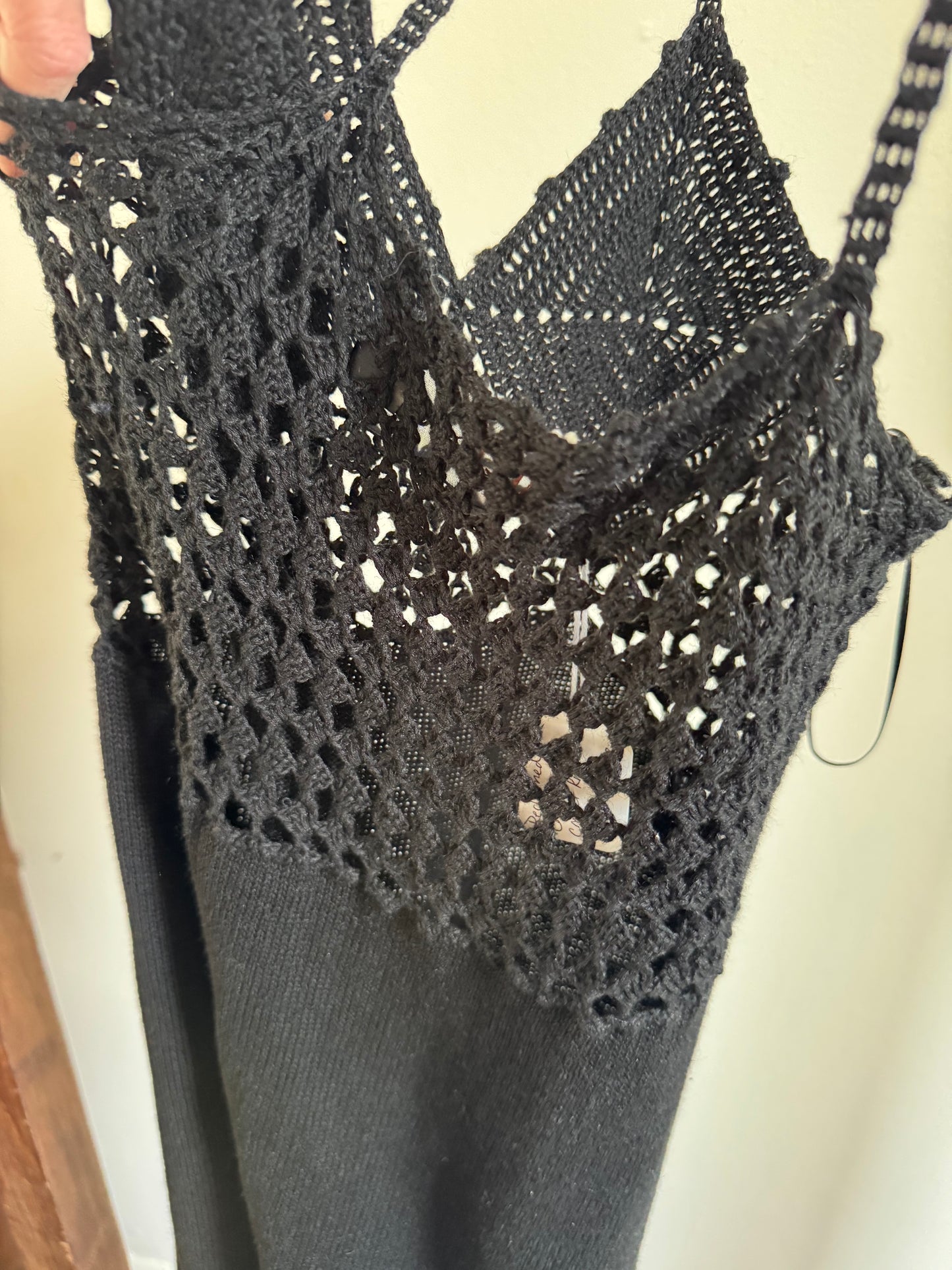 Reclaimed Cotton/Linen Crochet Midi Tank Dress in Black