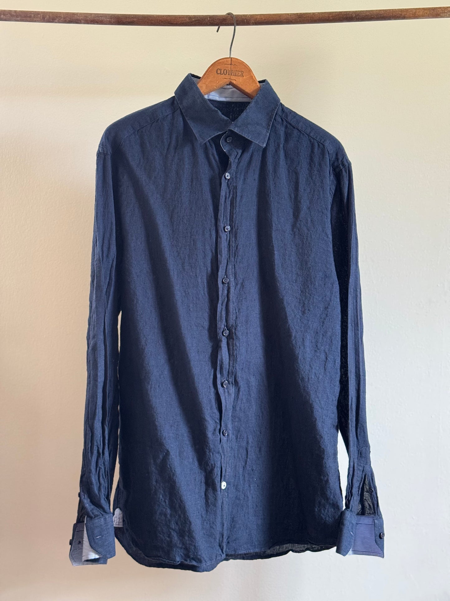 Reclaimed NerosFumato Linen Button Down Shirt in Navy
