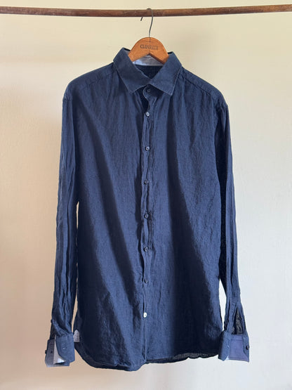 Reclaimed NerosFumato Linen Button Down Shirt in Navy