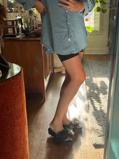 Overland Shearling & Raccoon Sandals in Black