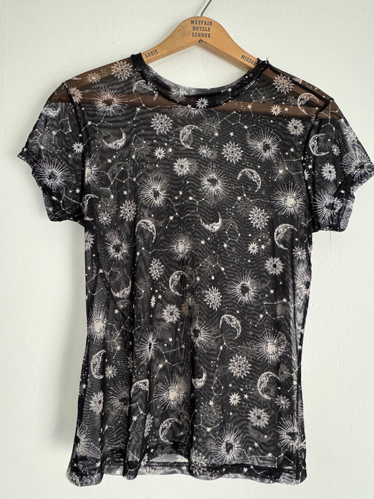 Just Polly New York Mesh Celestial Tee in Black/Cream