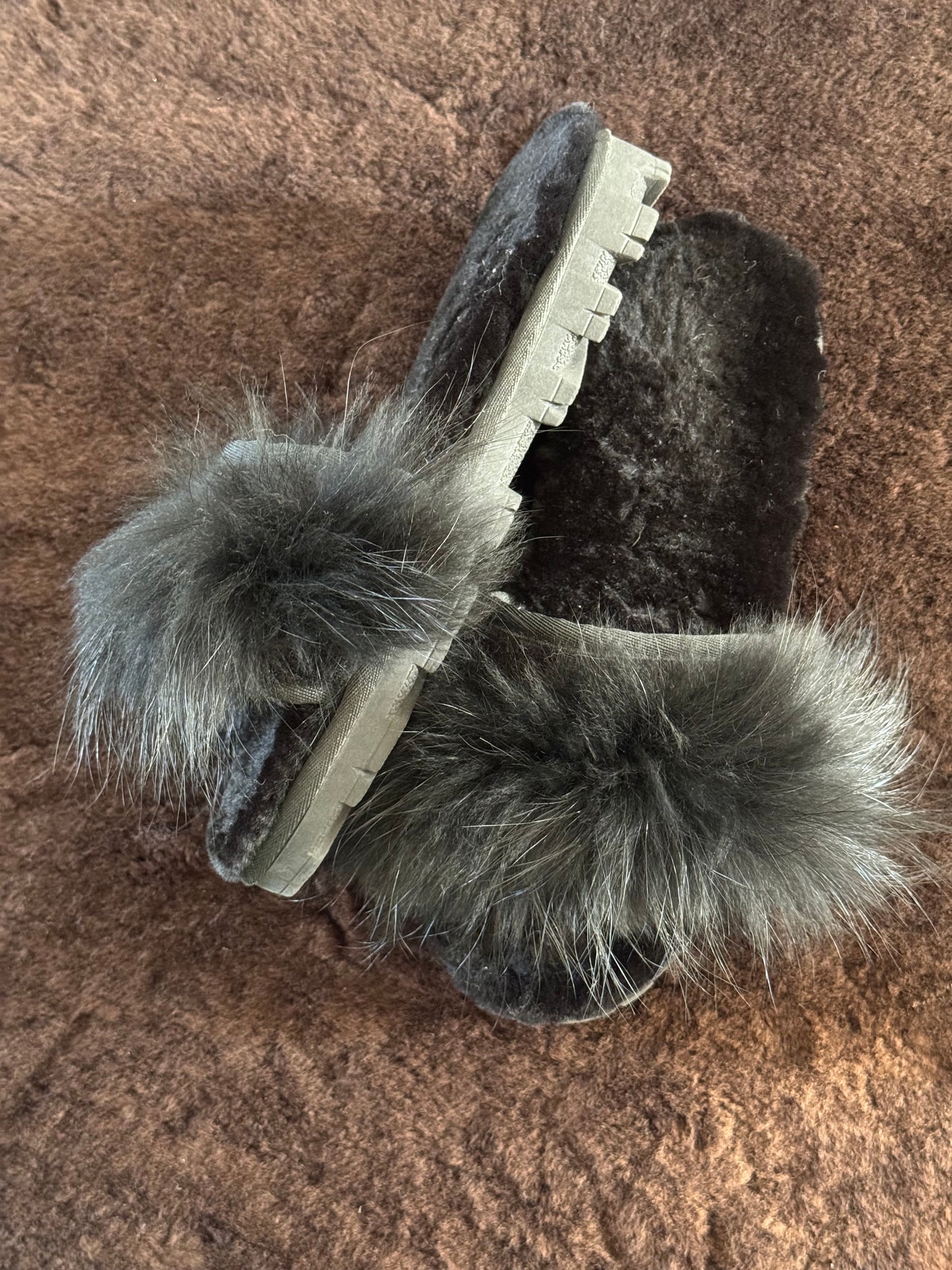 Overland Shearling & Raccoon Sandals in Black