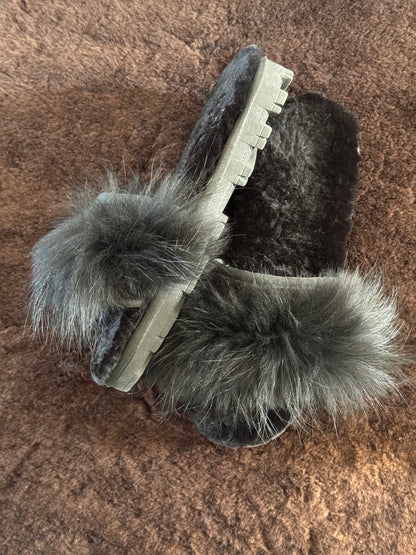 Overland Shearling & Raccoon Sandals in Black