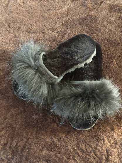 Overland Shearling & Raccoon Sandals in Black