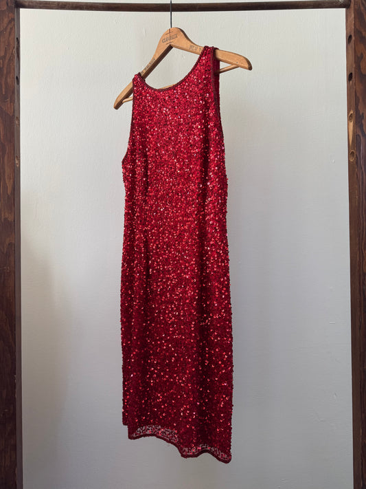 Vintage Sequin High Neck Tank Dress in Scarlet