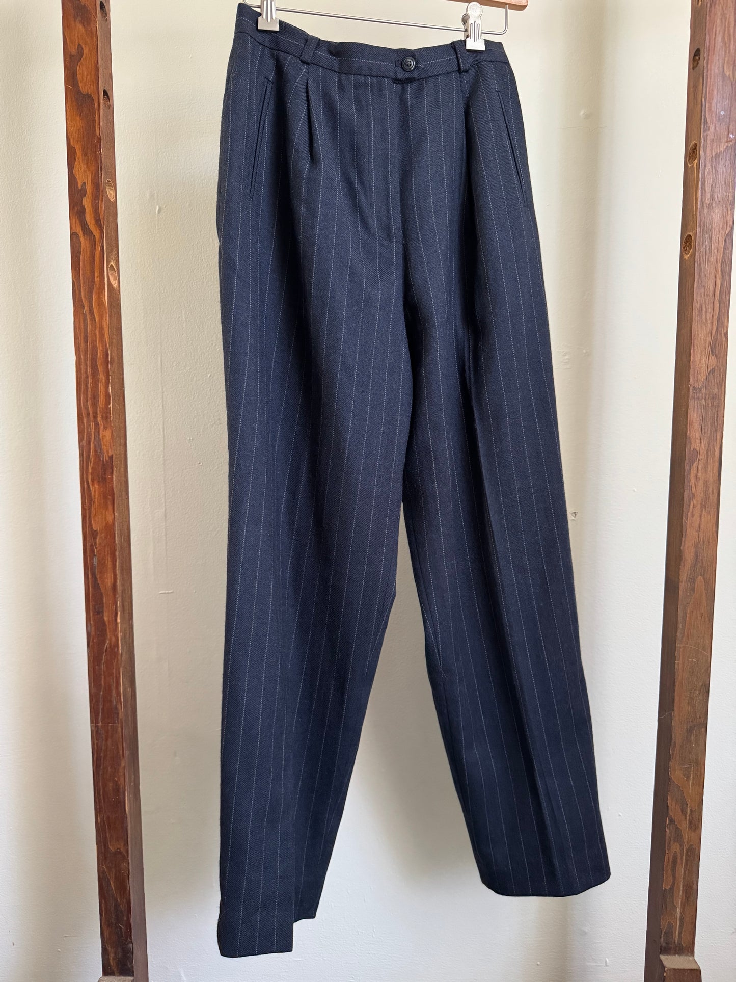 Vintage Rena Rowan for Saville Petite Wool Pinstripe Trousers in Navy