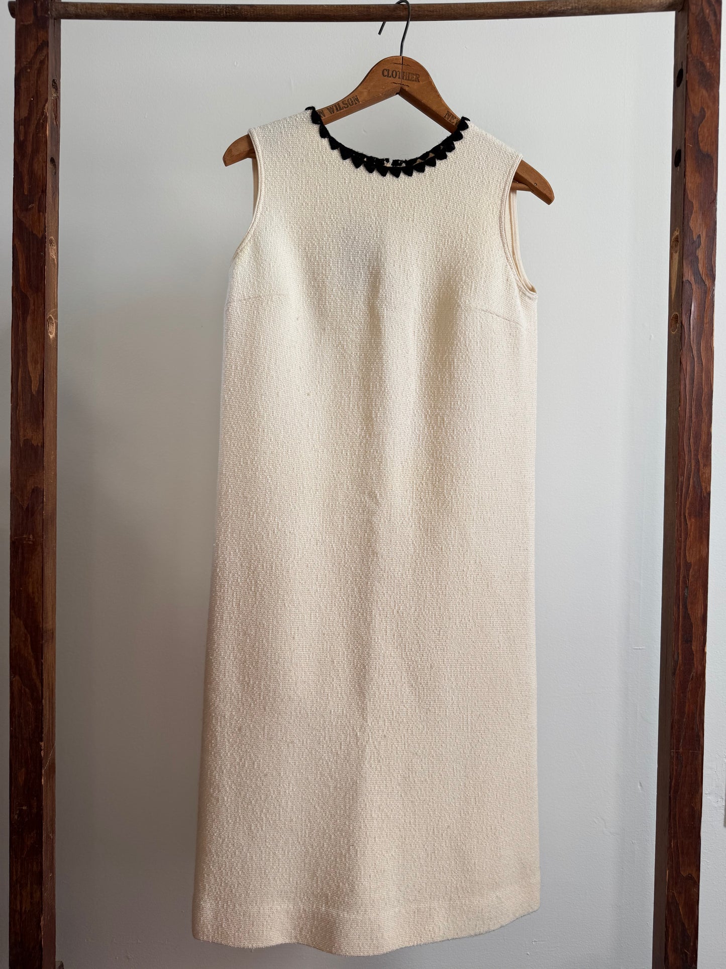 Vintage Knit Sheath Dress in Cream with Black Blanket Stitch