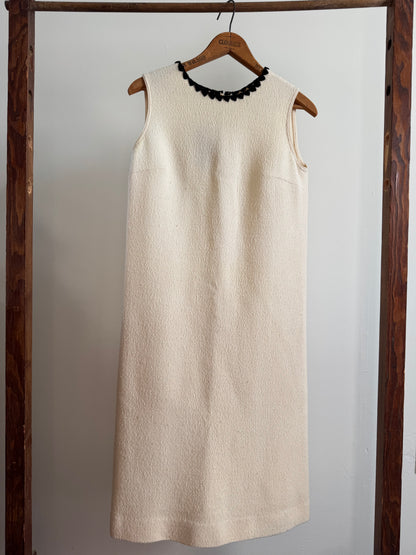 Vintage Knit Sheath Dress in Cream with Black Blanket Stitch