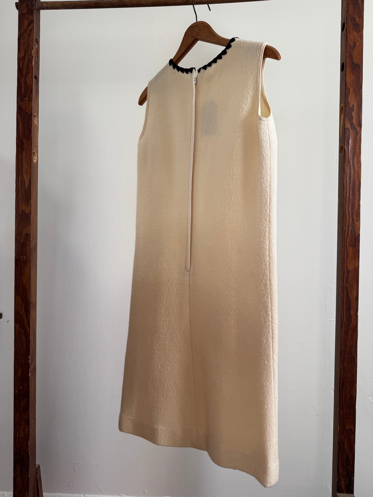 Vintage Knit Sheath Dress in Cream with Black Blanket Stitch