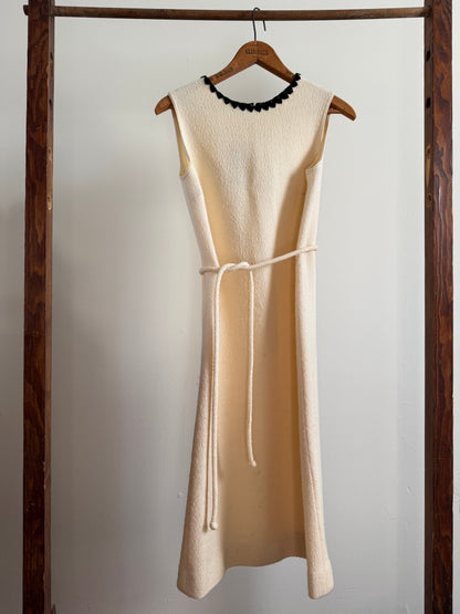 Vintage Knit Sheath Dress in Cream with Black Blanket Stitch