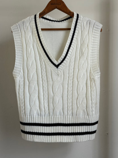 Reclaimed Tennis Sweater Vest in Cream & Navy